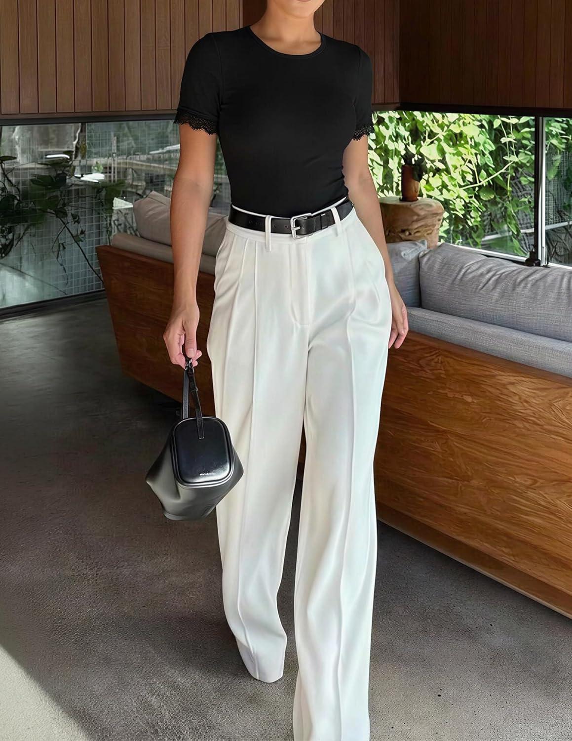imageZESICA Womens 2026 Spring Lace Short Sleeve T Shirts Summer Crewneck Fitted Going Out Tops Dressy Fashion ClothesBlack