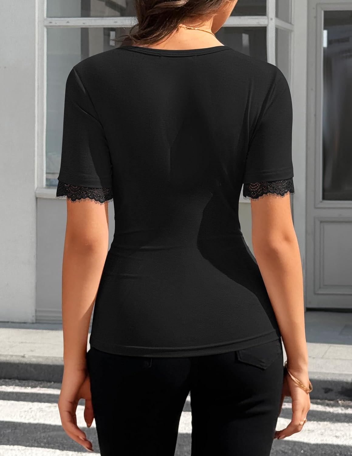 imageZESICA Womens 2026 Spring Lace Short Sleeve T Shirts Summer Crewneck Fitted Going Out Tops Dressy Fashion ClothesBlack