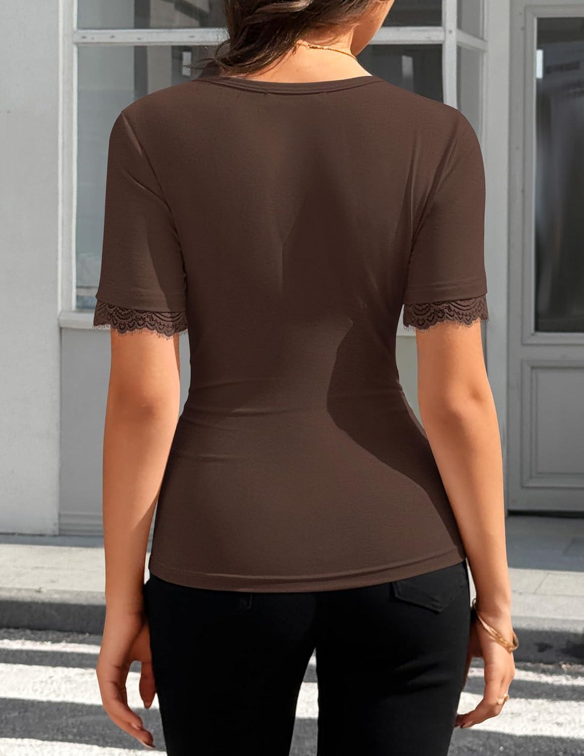 imageZESICA Womens 2026 Spring Lace Short Sleeve T Shirts Summer Crewneck Fitted Going Out Tops Dressy Fashion ClothesBrown