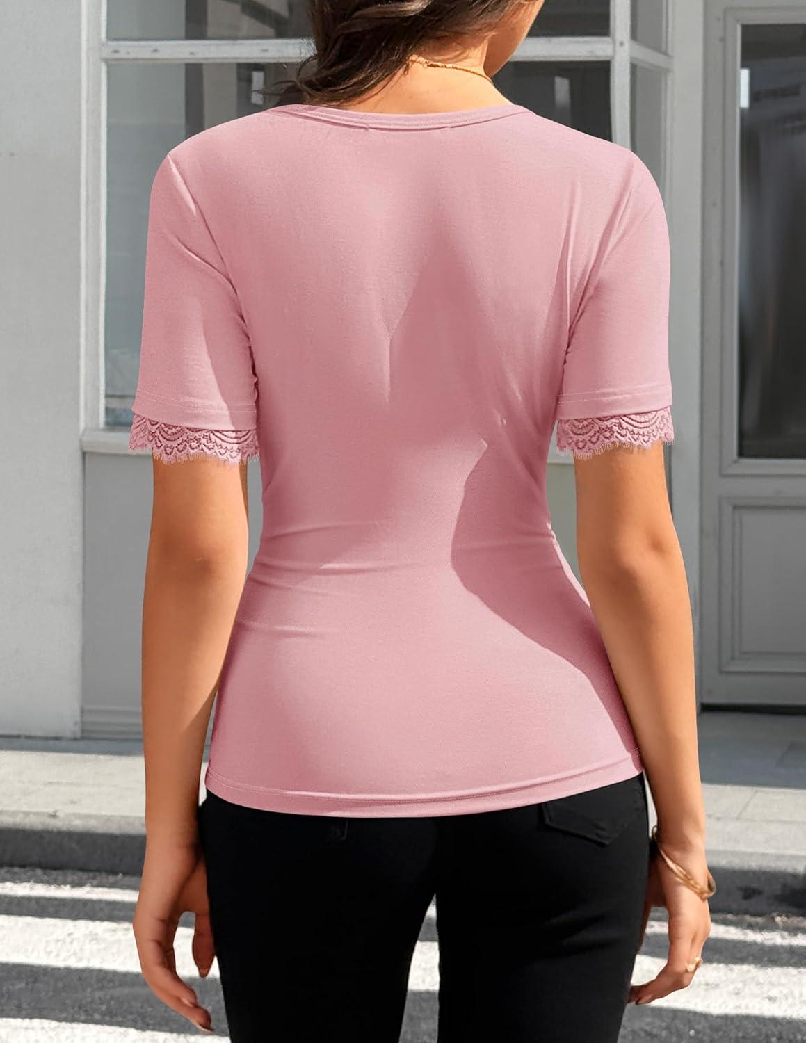 imageZESICA Womens 2026 Spring Lace Short Sleeve T Shirts Summer Crewneck Fitted Going Out Tops Dressy Fashion ClothesPink