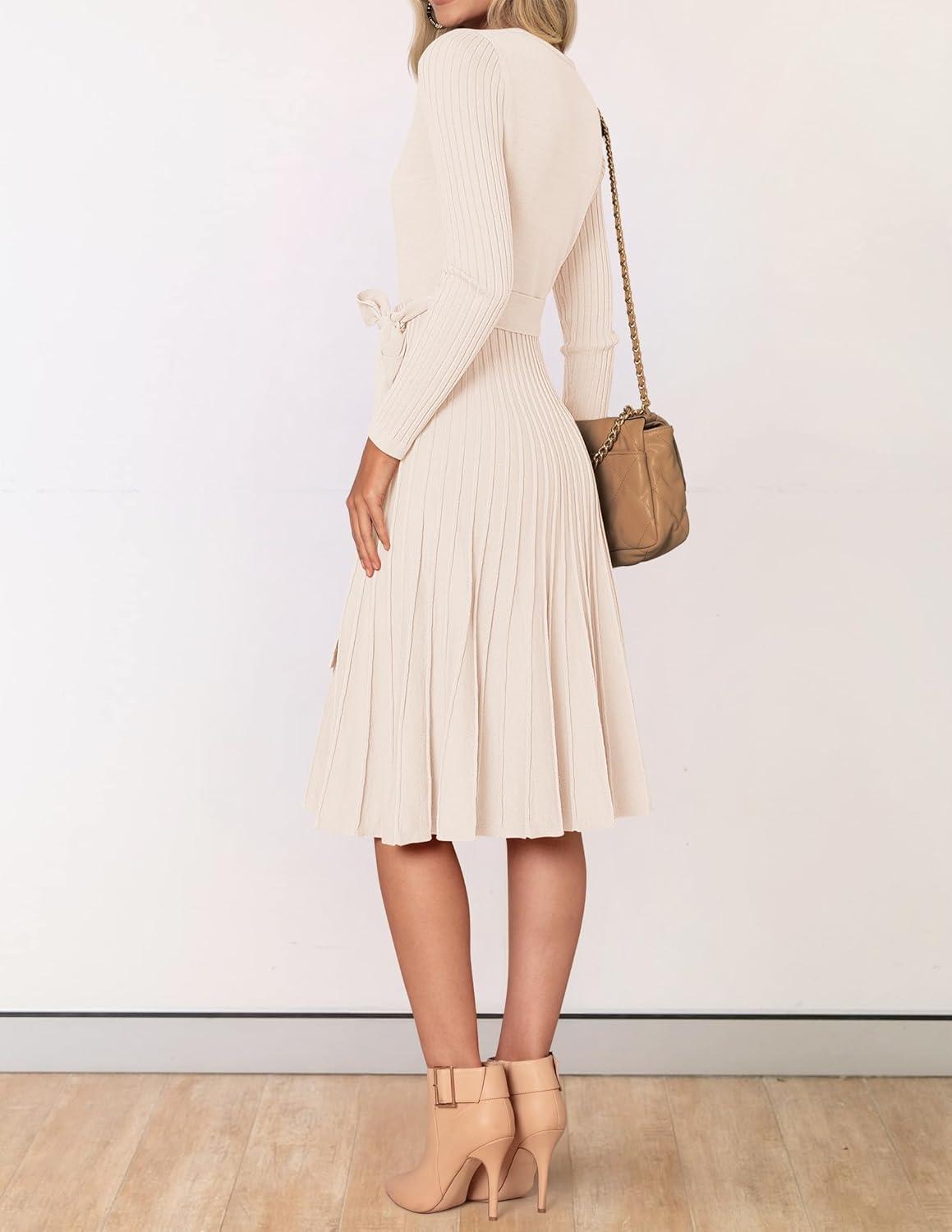 imageZESICA Womens Spring Long Sleeve Wrap V Neck Ribbed Knit Pleated A Line Pullover Sweater Dress with BeltApricot