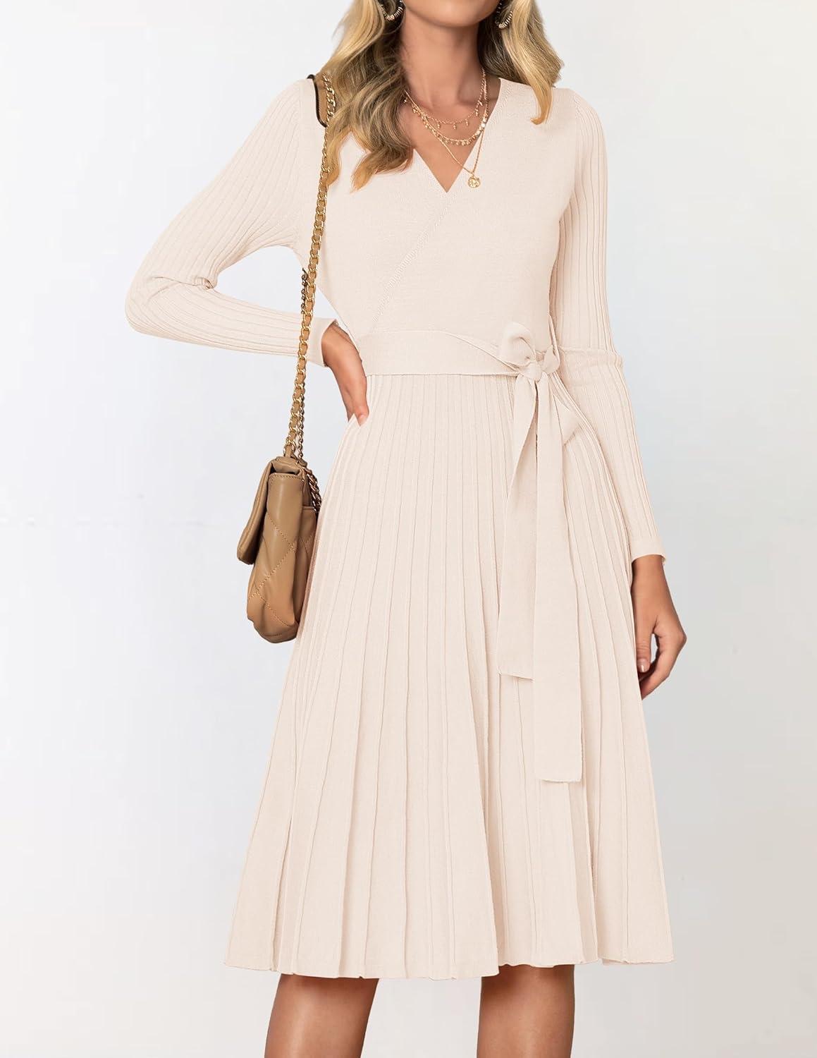 imageZESICA Womens Spring Long Sleeve Wrap V Neck Ribbed Knit Pleated A Line Pullover Sweater Dress with BeltApricot