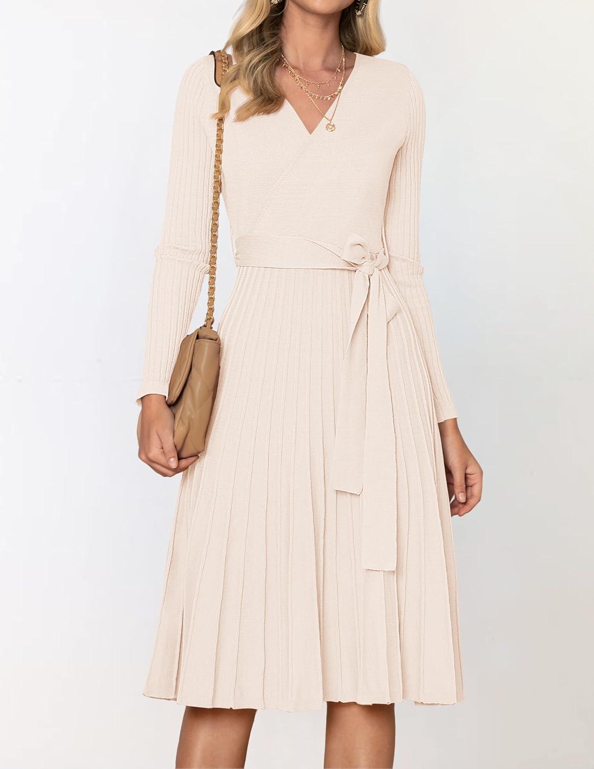 imageZESICA Womens Spring Long Sleeve Wrap V Neck Ribbed Knit Pleated A Line Pullover Sweater Dress with BeltApricot
