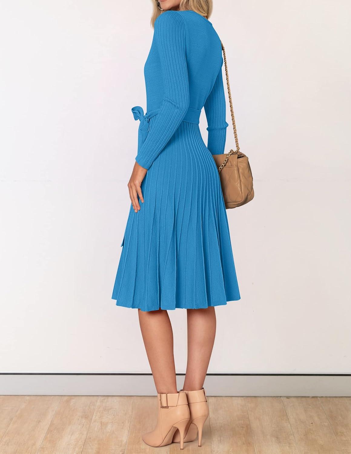 imageZESICA Womens Spring Long Sleeve Wrap V Neck Ribbed Knit Pleated A Line Pullover Sweater Dress with BeltCobaltblue