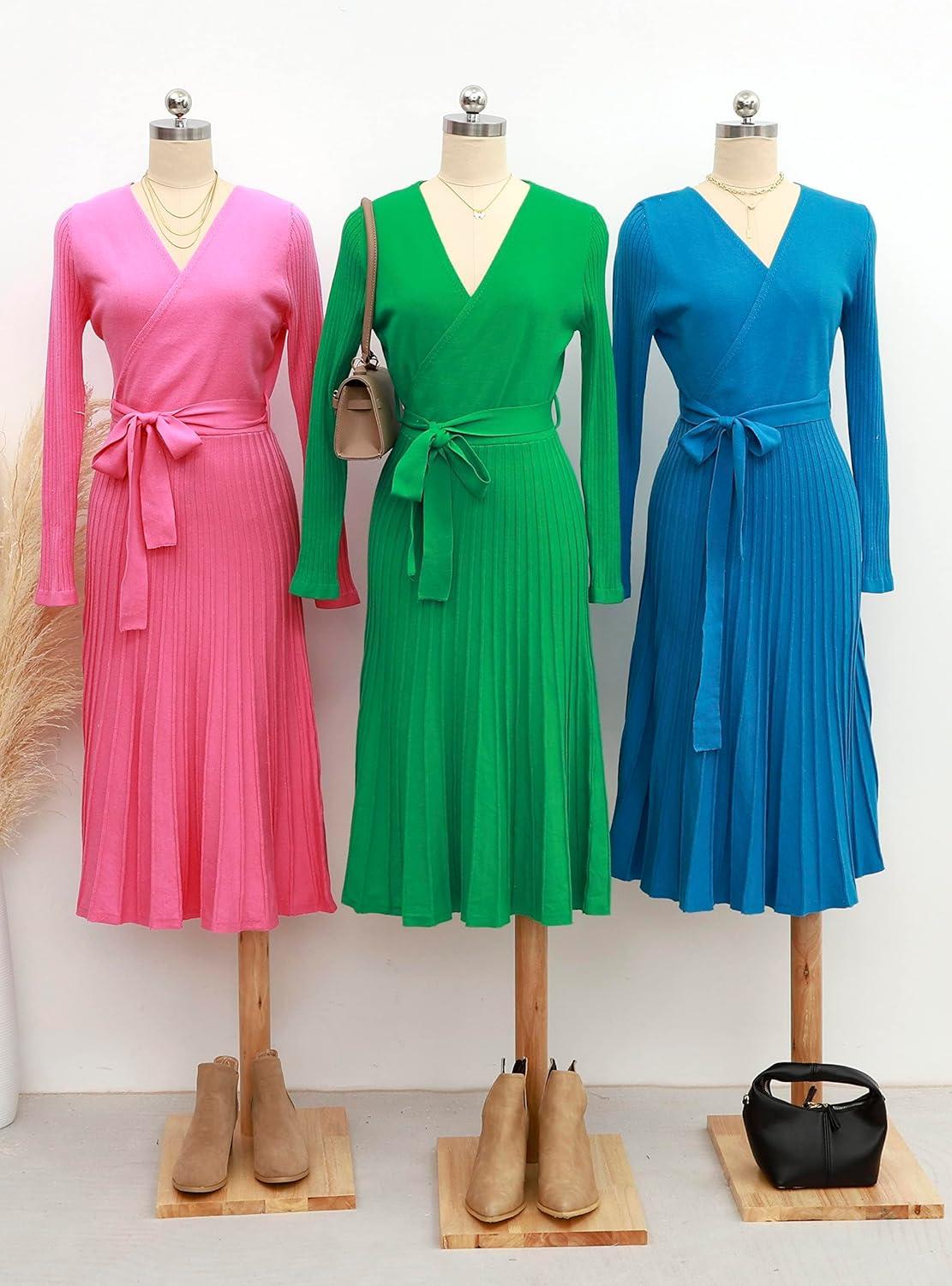 imageZESICA Womens Spring Long Sleeve Wrap V Neck Ribbed Knit Pleated A Line Pullover Sweater Dress with BeltCobaltblue