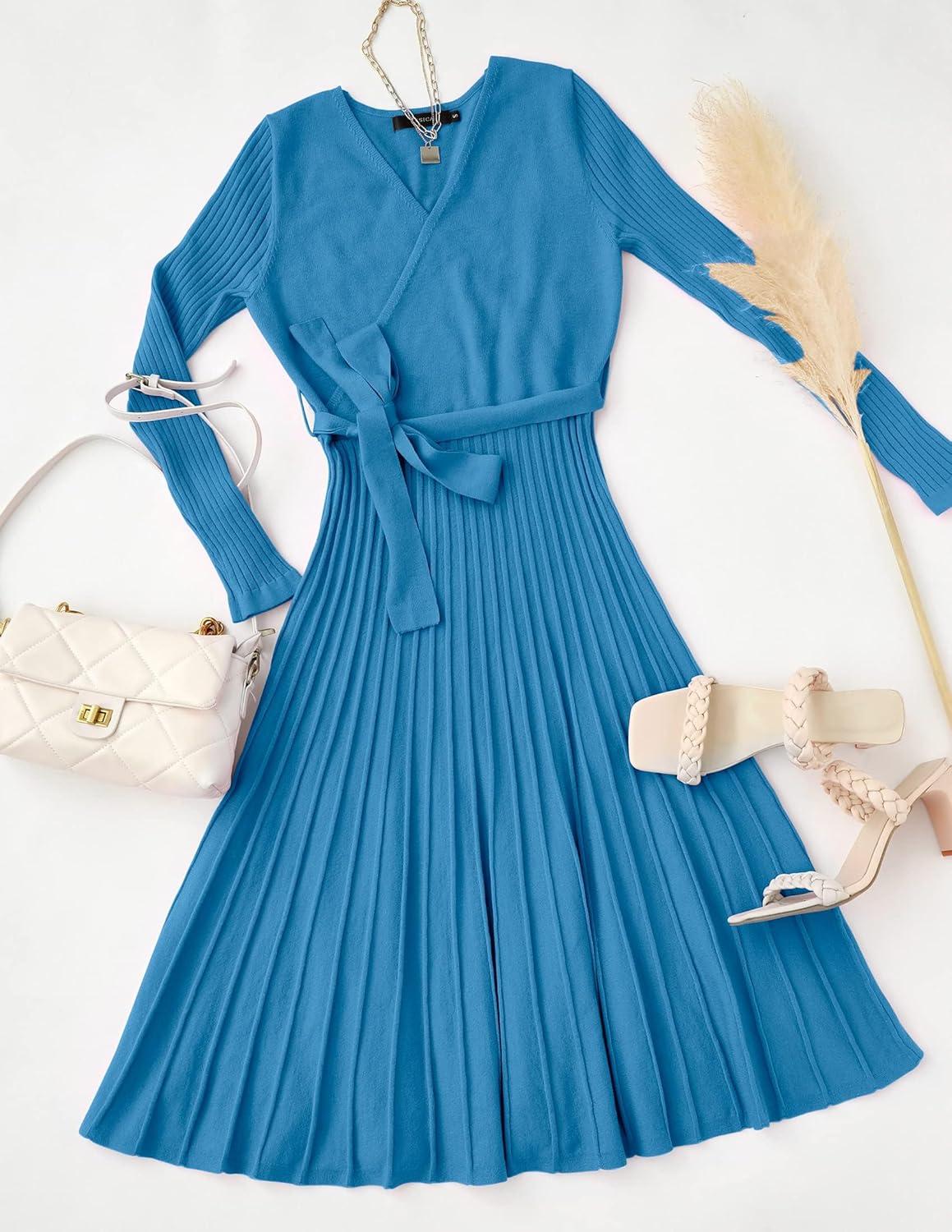 imageZESICA Womens Spring Long Sleeve Wrap V Neck Ribbed Knit Pleated A Line Pullover Sweater Dress with BeltCobaltblue