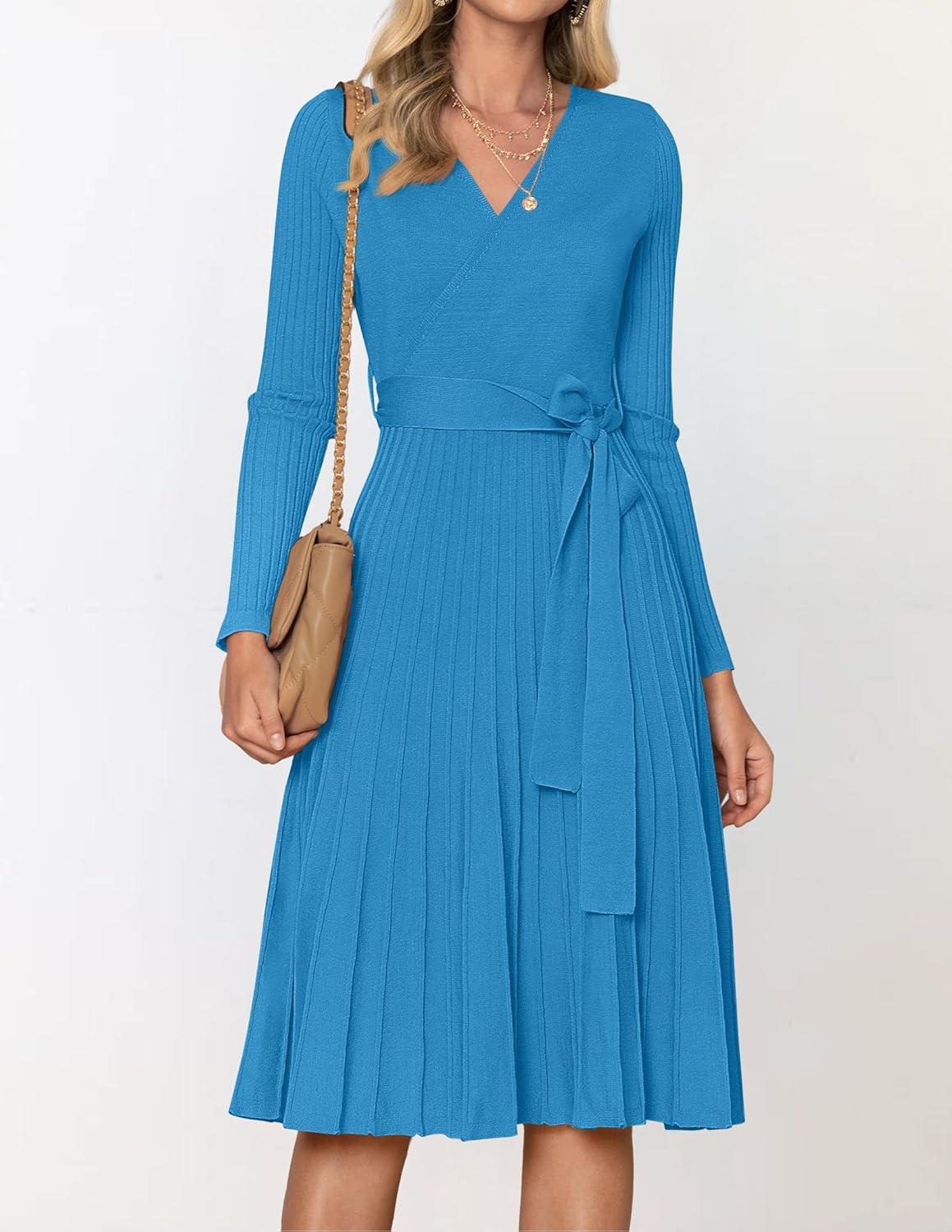 imageZESICA Womens Spring Long Sleeve Wrap V Neck Ribbed Knit Pleated A Line Pullover Sweater Dress with BeltCobaltblue