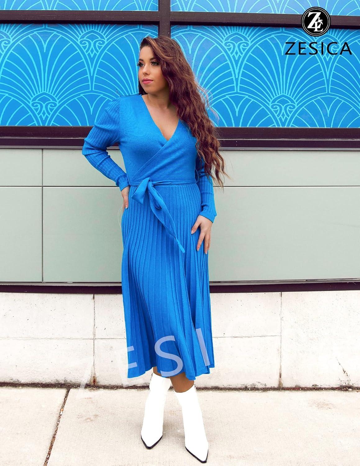 imageZESICA Womens Spring Long Sleeve Wrap V Neck Ribbed Knit Pleated A Line Pullover Sweater Dress with BeltCobaltblue