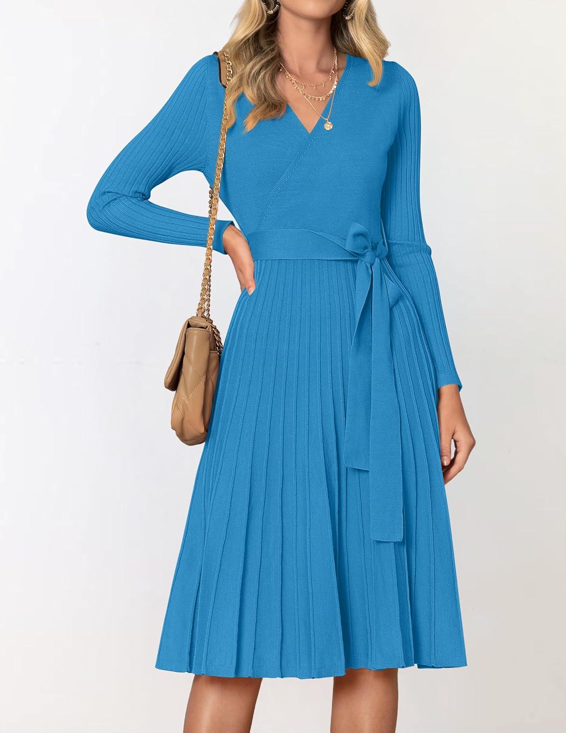 imageZESICA Womens Spring Long Sleeve Wrap V Neck Ribbed Knit Pleated A Line Pullover Sweater Dress with BeltCobaltblue