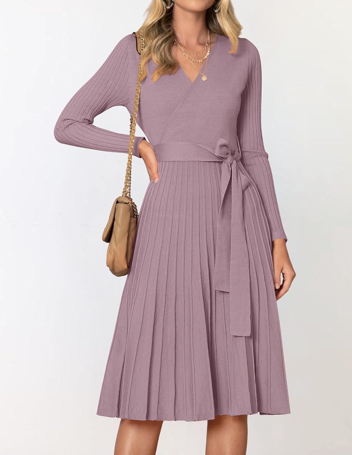 imageZESICA Womens Spring Long Sleeve Wrap V Neck Ribbed Knit Pleated A Line Pullover Sweater Dress with BeltDarkviolet