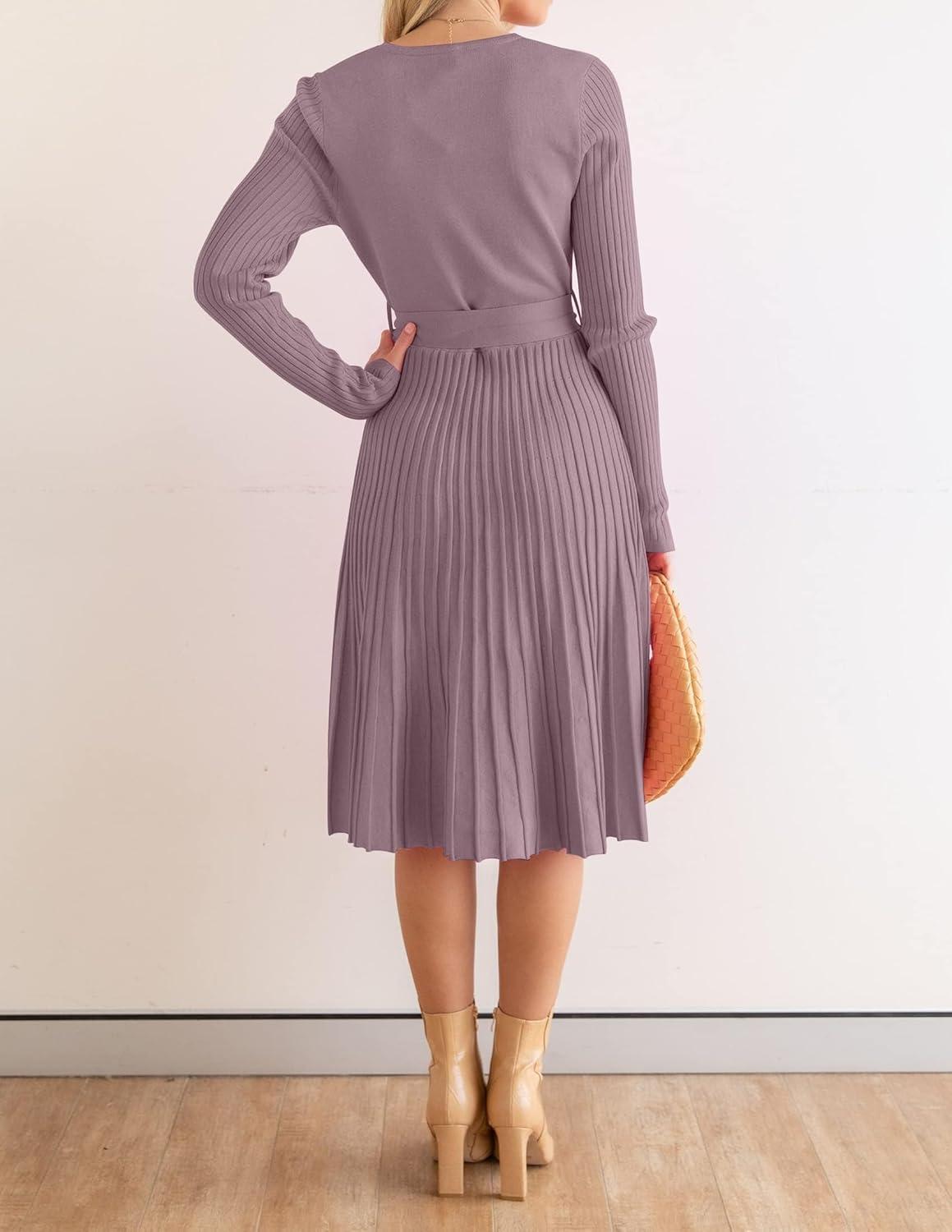 imageZESICA Womens Spring Long Sleeve Wrap V Neck Ribbed Knit Pleated A Line Pullover Sweater Dress with BeltDarkviolet