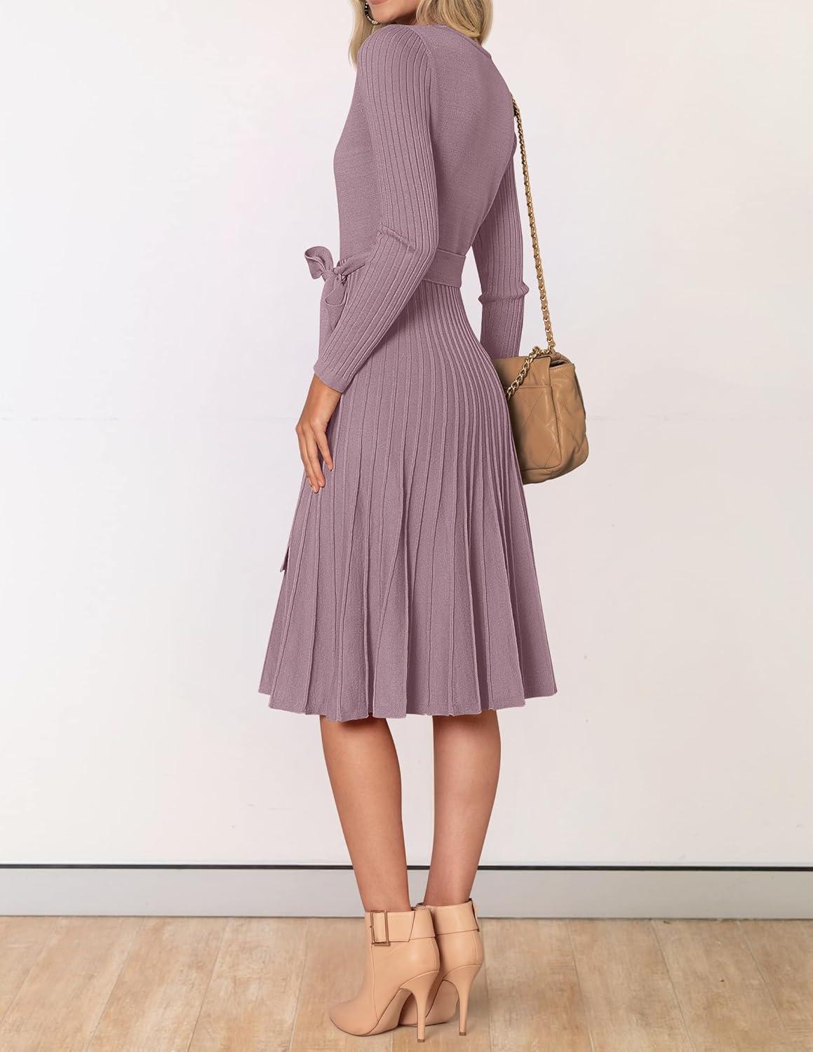 imageZESICA Womens Spring Long Sleeve Wrap V Neck Ribbed Knit Pleated A Line Pullover Sweater Dress with BeltDarkviolet