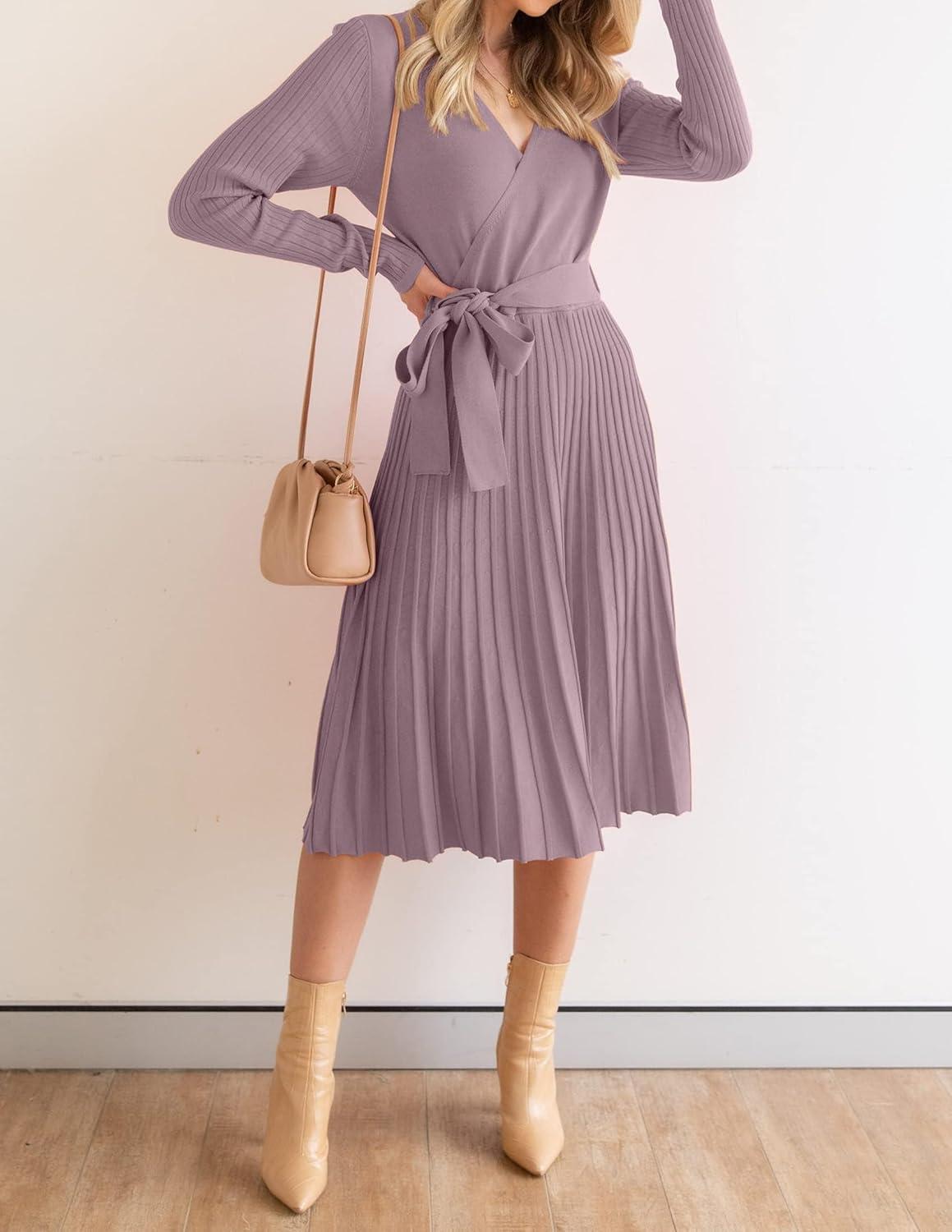 imageZESICA Womens Spring Long Sleeve Wrap V Neck Ribbed Knit Pleated A Line Pullover Sweater Dress with BeltDarkviolet
