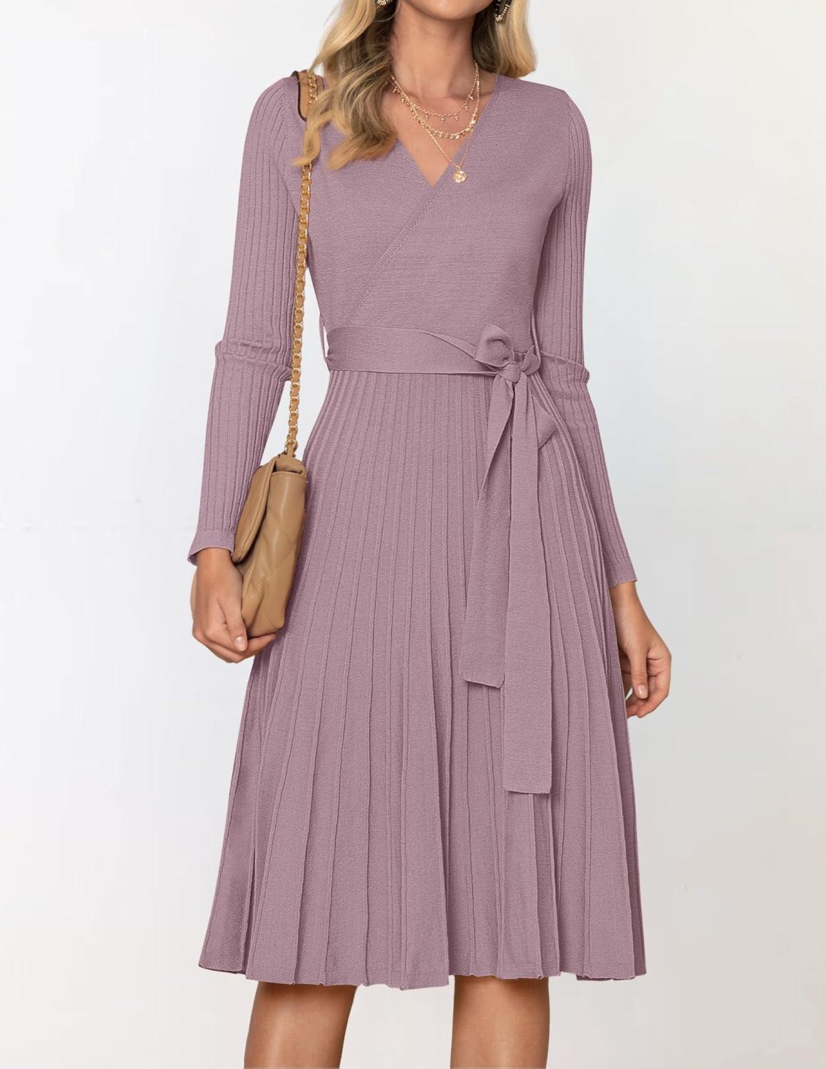imageZESICA Womens Spring Long Sleeve Wrap V Neck Ribbed Knit Pleated A Line Pullover Sweater Dress with BeltDarkviolet