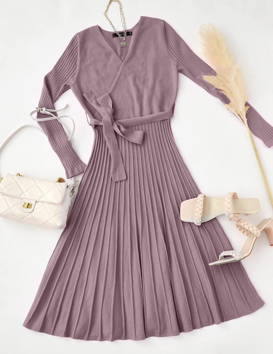 imageZESICA Womens Spring Long Sleeve Wrap V Neck Ribbed Knit Pleated A Line Pullover Sweater Dress with BeltDarkviolet
