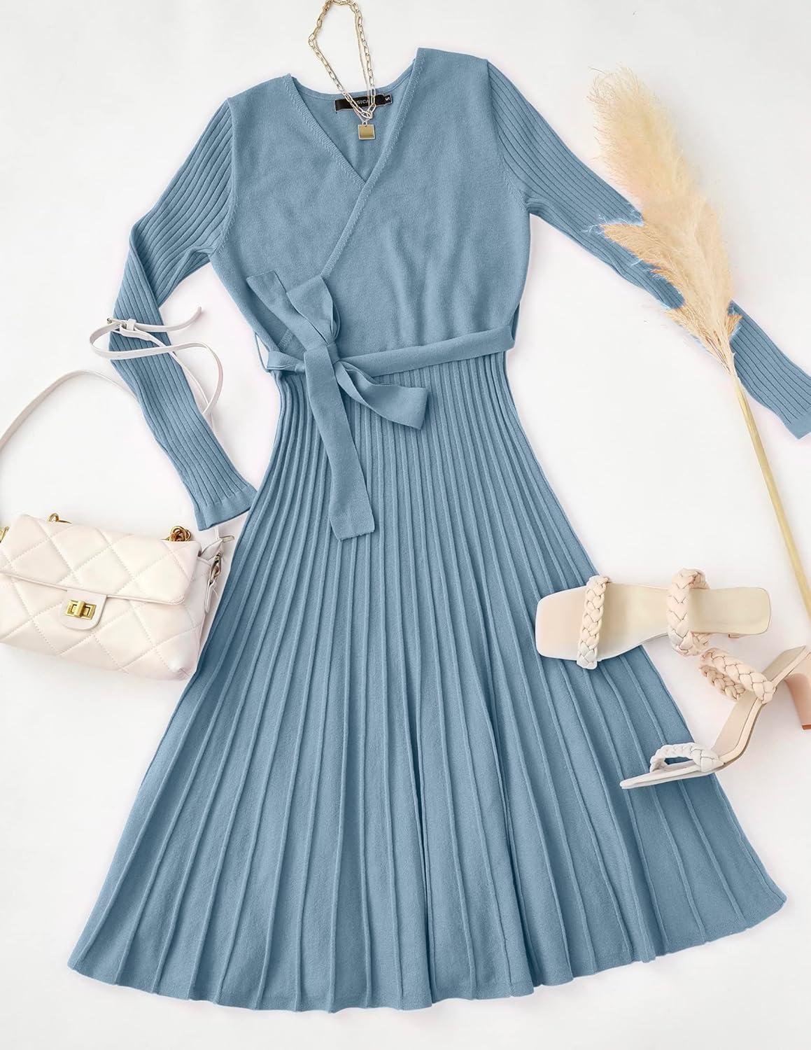 imageZESICA Womens Spring Long Sleeve Wrap V Neck Ribbed Knit Pleated A Line Pullover Sweater Dress with BeltDustyblue