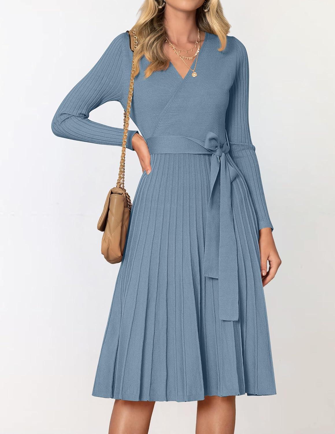 imageZESICA Womens Spring Long Sleeve Wrap V Neck Ribbed Knit Pleated A Line Pullover Sweater Dress with BeltDustyblue