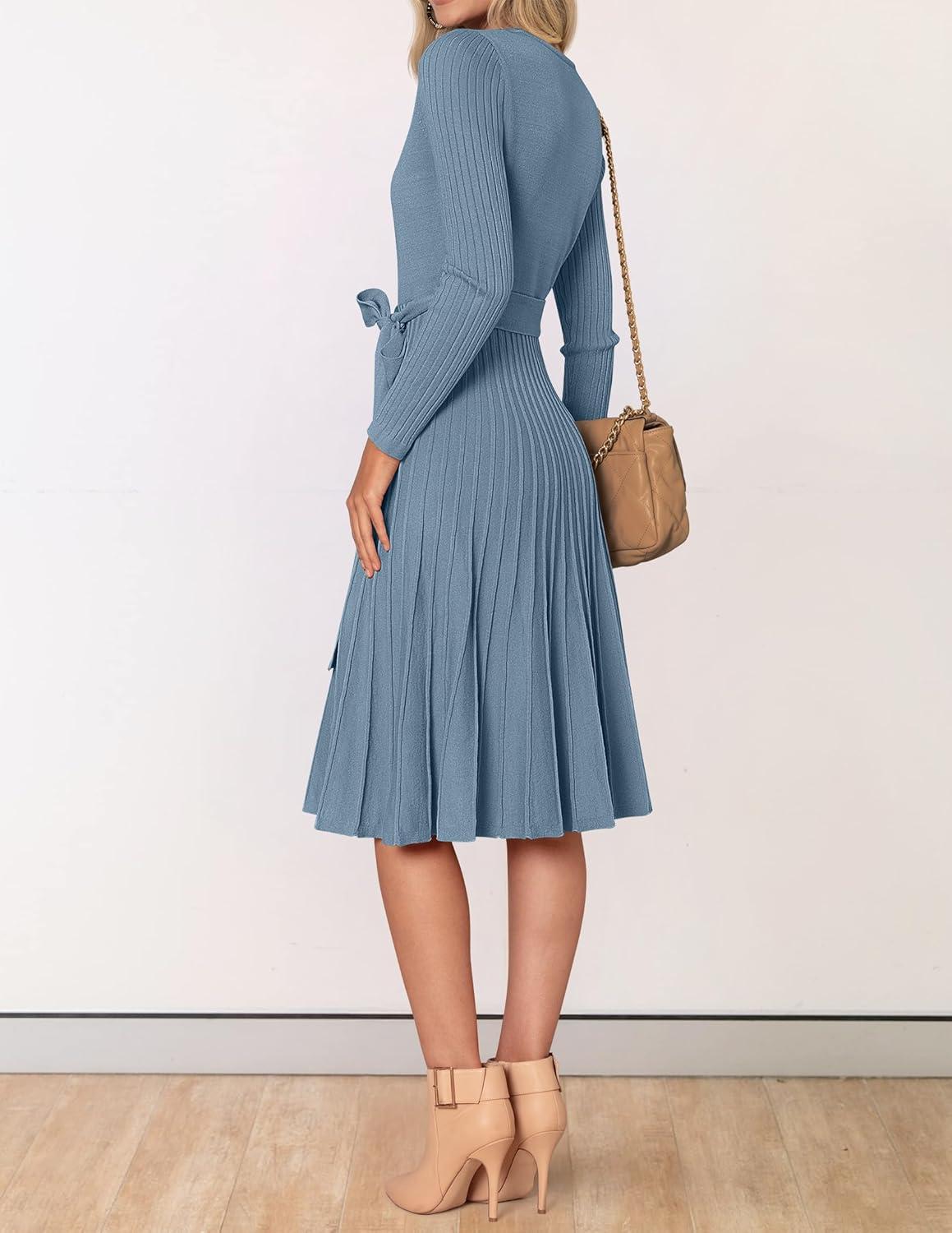 imageZESICA Womens Spring Long Sleeve Wrap V Neck Ribbed Knit Pleated A Line Pullover Sweater Dress with BeltDustyblue