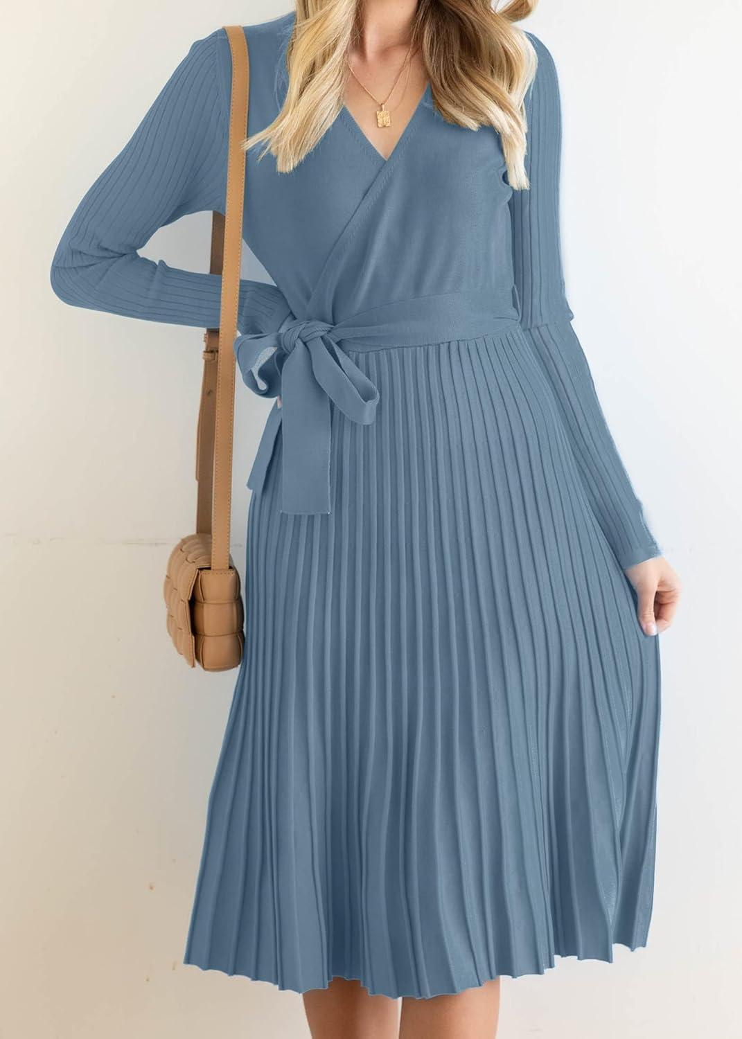 imageZESICA Womens Spring Long Sleeve Wrap V Neck Ribbed Knit Pleated A Line Pullover Sweater Dress with BeltDustyblue