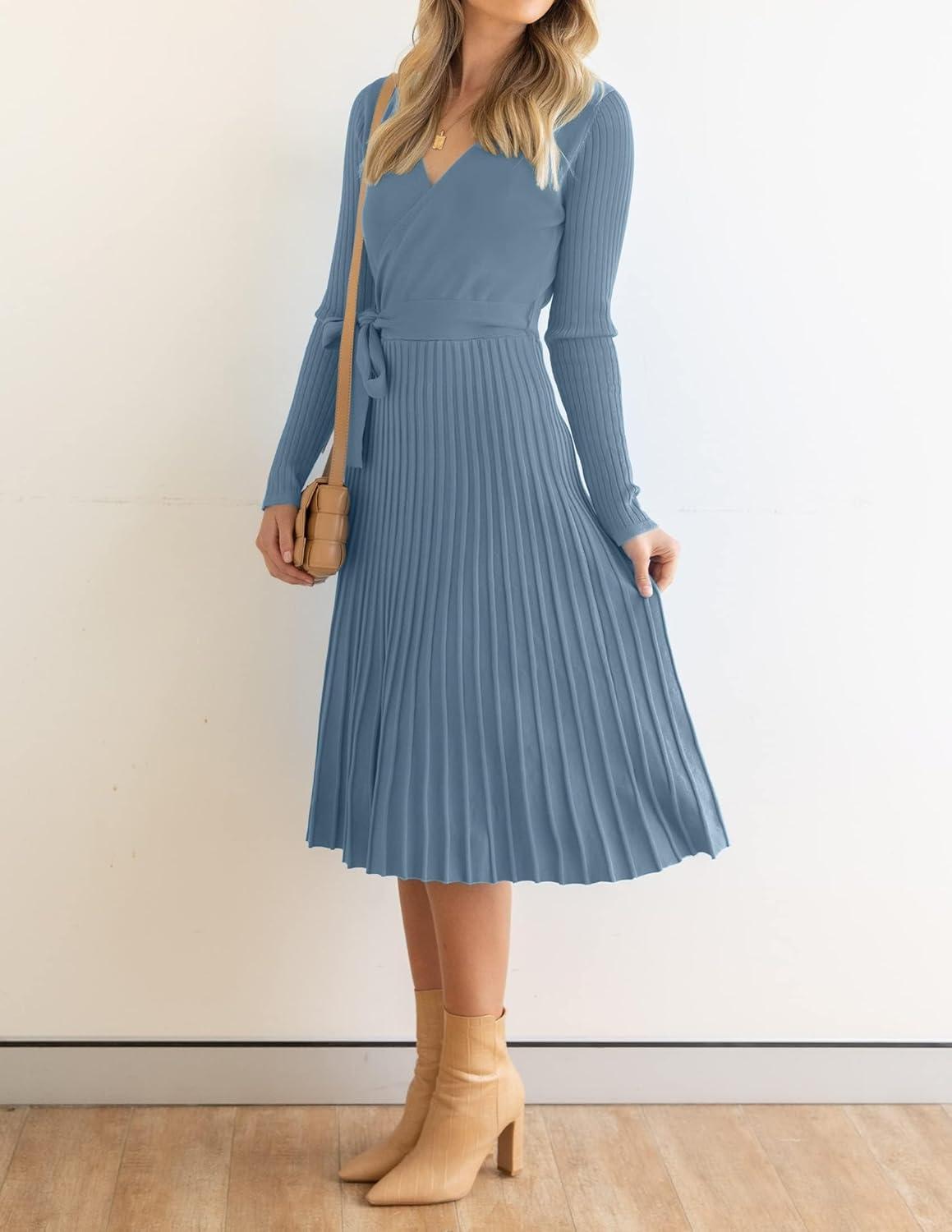 imageZESICA Womens Spring Long Sleeve Wrap V Neck Ribbed Knit Pleated A Line Pullover Sweater Dress with BeltDustyblue