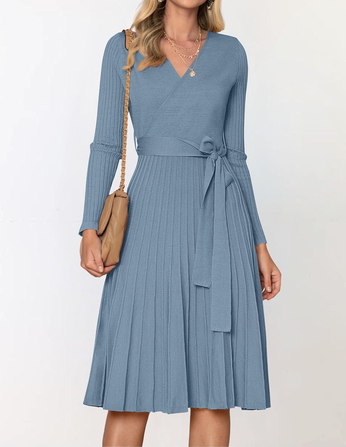 imageZESICA Womens Spring Long Sleeve Wrap V Neck Ribbed Knit Pleated A Line Pullover Sweater Dress with BeltDustyblue