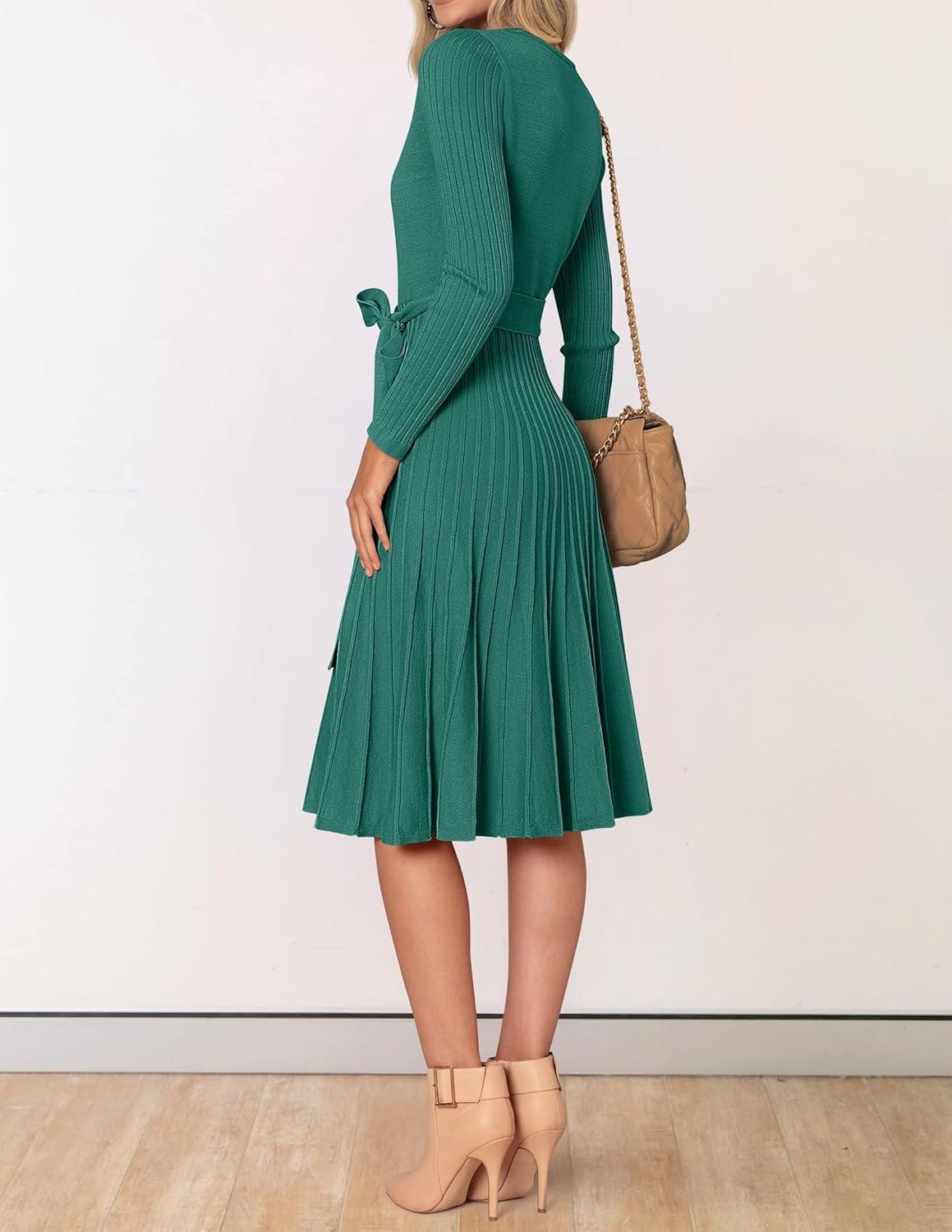 imageZESICA Womens Spring Long Sleeve Wrap V Neck Ribbed Knit Pleated A Line Pullover Sweater Dress with BeltForestgreen