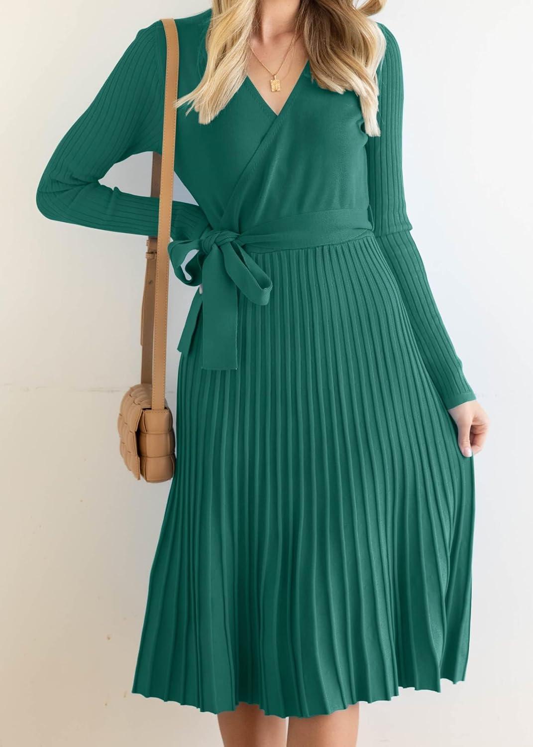 imageZESICA Womens Spring Long Sleeve Wrap V Neck Ribbed Knit Pleated A Line Pullover Sweater Dress with BeltForestgreen