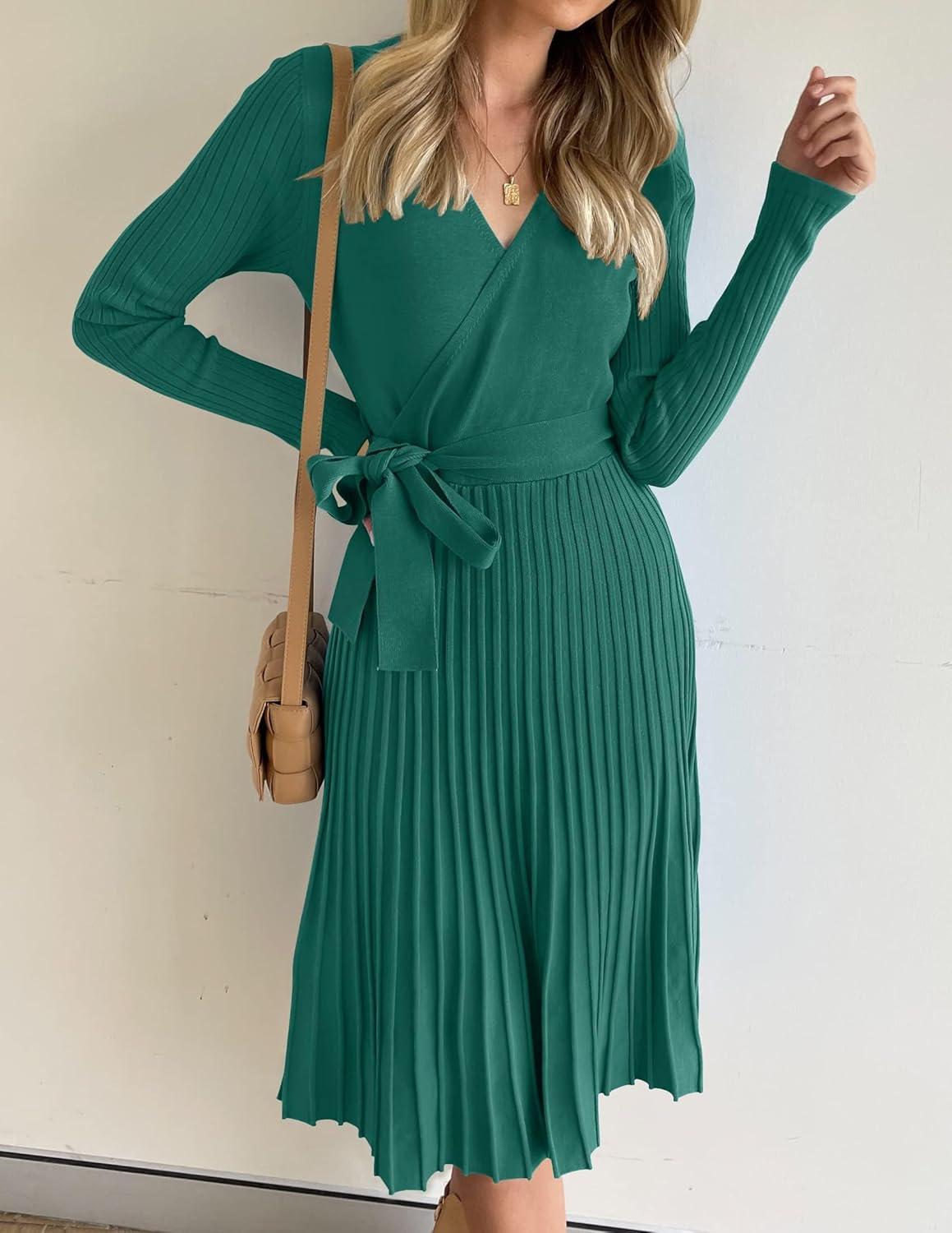 imageZESICA Womens Spring Long Sleeve Wrap V Neck Ribbed Knit Pleated A Line Pullover Sweater Dress with BeltForestgreen