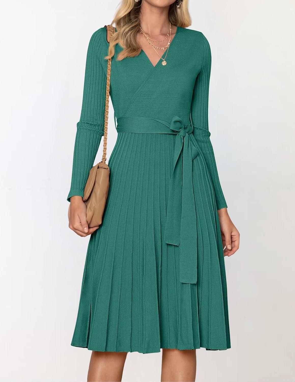 imageZESICA Womens Spring Long Sleeve Wrap V Neck Ribbed Knit Pleated A Line Pullover Sweater Dress with BeltForestgreen