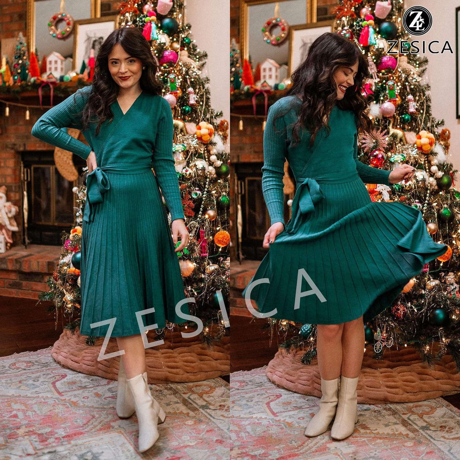 imageZESICA Womens Spring Long Sleeve Wrap V Neck Ribbed Knit Pleated A Line Pullover Sweater Dress with BeltForestgreen