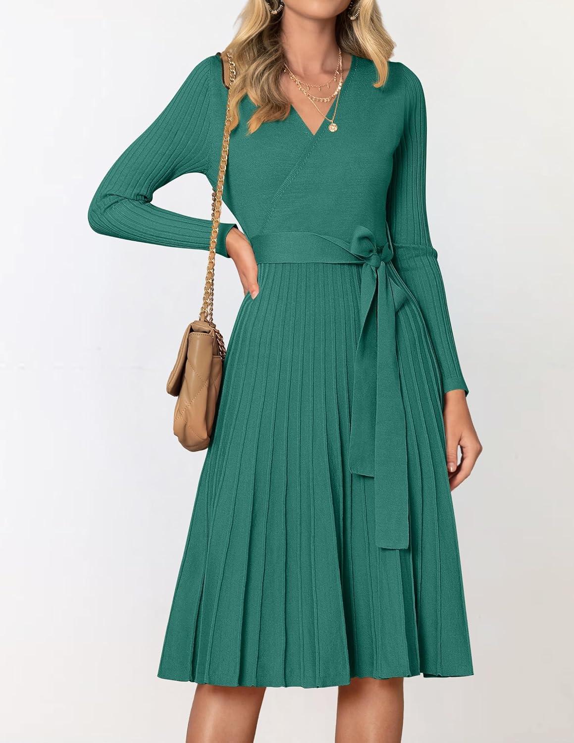 imageZESICA Womens Spring Long Sleeve Wrap V Neck Ribbed Knit Pleated A Line Pullover Sweater Dress with BeltForestgreen