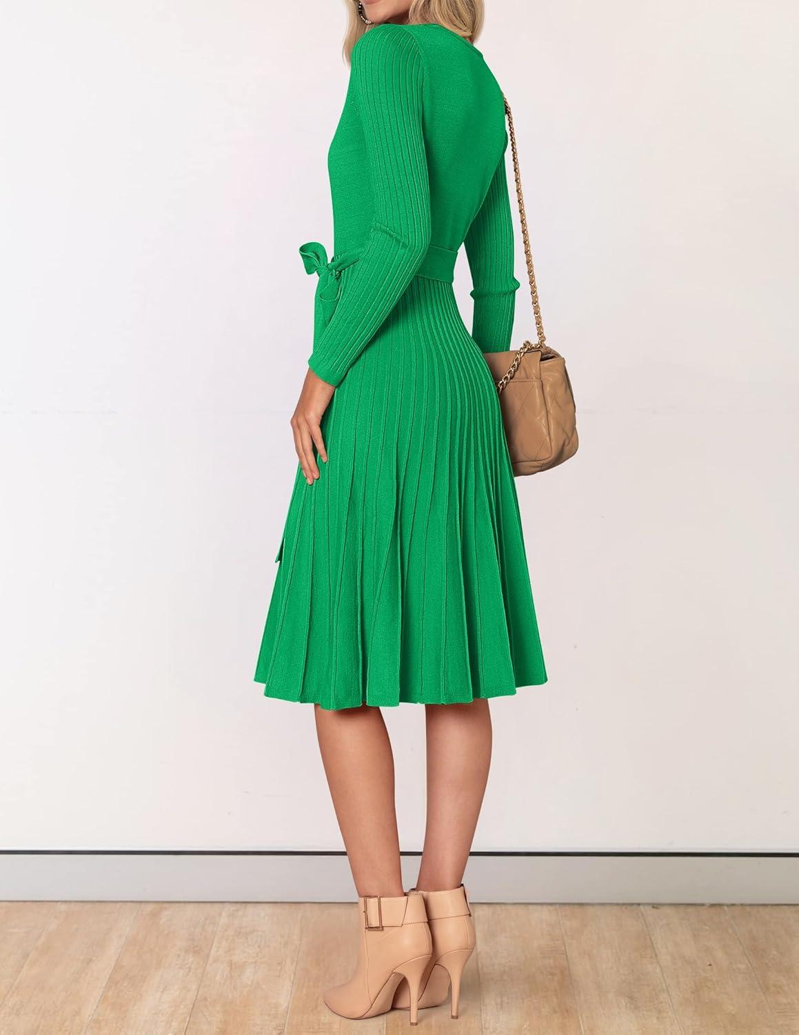 imageZESICA Womens Spring Long Sleeve Wrap V Neck Ribbed Knit Pleated A Line Pullover Sweater Dress with BeltGreen
