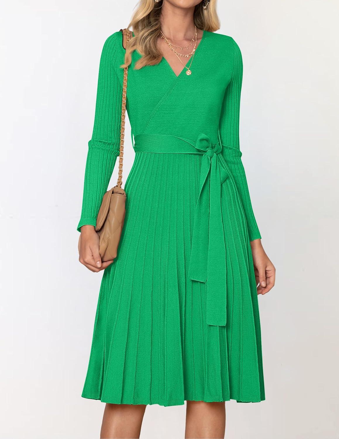imageZESICA Womens Spring Long Sleeve Wrap V Neck Ribbed Knit Pleated A Line Pullover Sweater Dress with BeltGreen