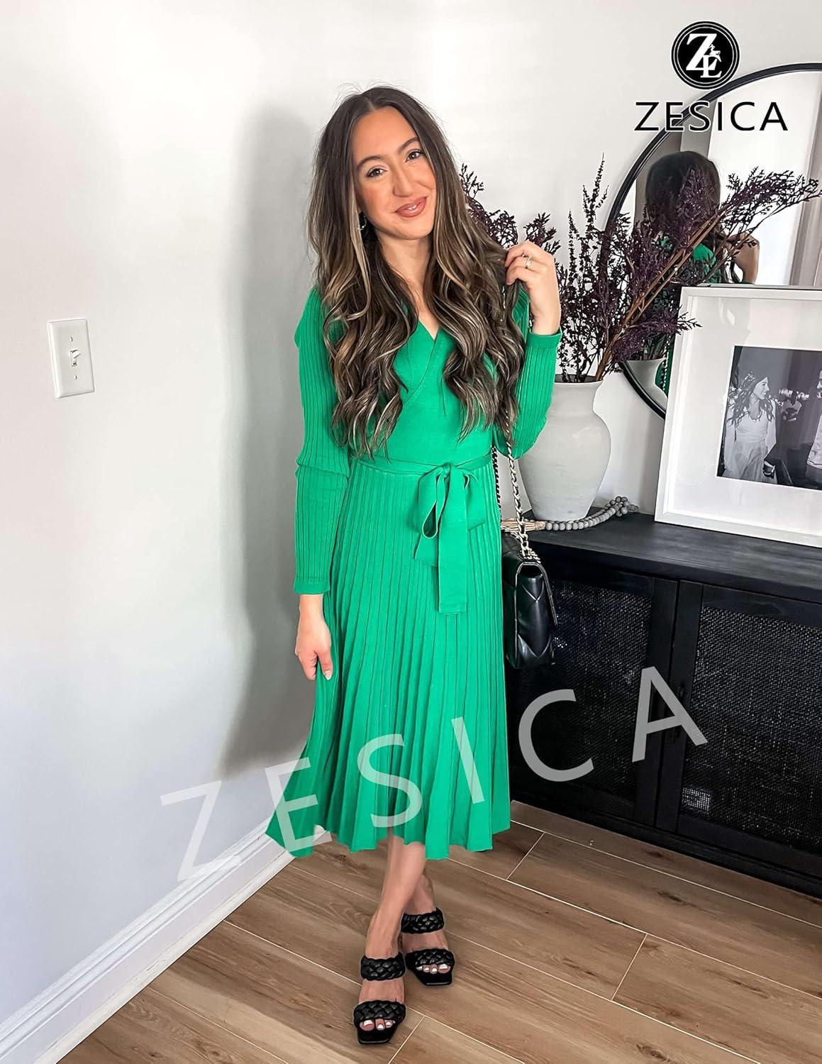 imageZESICA Womens Spring Long Sleeve Wrap V Neck Ribbed Knit Pleated A Line Pullover Sweater Dress with BeltGreen