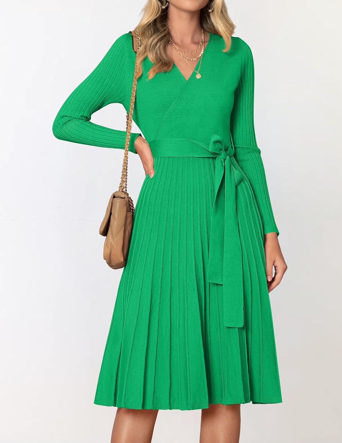 imageZESICA Womens Spring Long Sleeve Wrap V Neck Ribbed Knit Pleated A Line Pullover Sweater Dress with BeltGreen