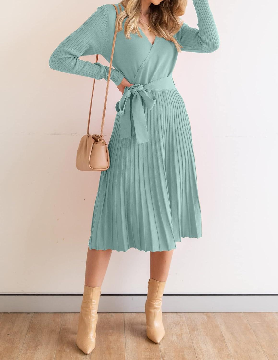 imageZESICA Womens Spring Long Sleeve Wrap V Neck Ribbed Knit Pleated A Line Pullover Sweater Dress with BeltLake