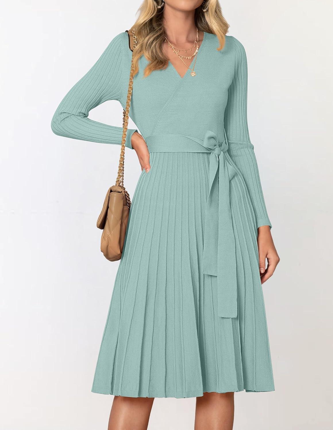 imageZESICA Womens Spring Long Sleeve Wrap V Neck Ribbed Knit Pleated A Line Pullover Sweater Dress with BeltLake