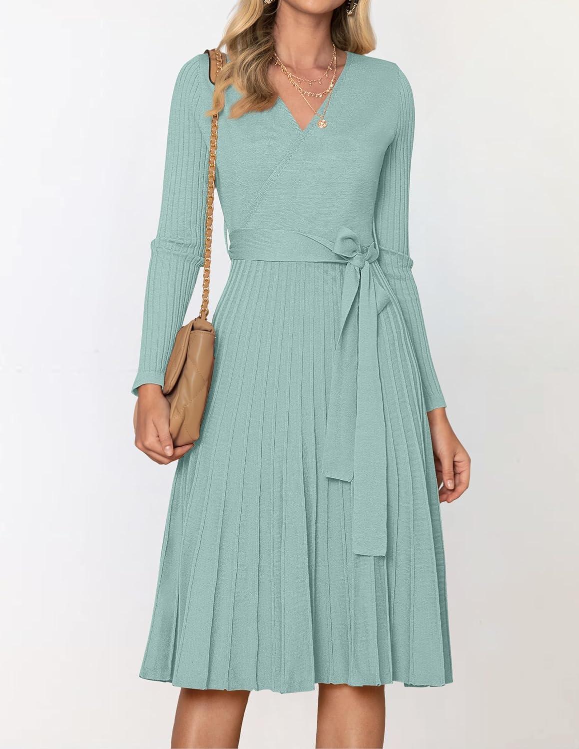 imageZESICA Womens Spring Long Sleeve Wrap V Neck Ribbed Knit Pleated A Line Pullover Sweater Dress with BeltLake