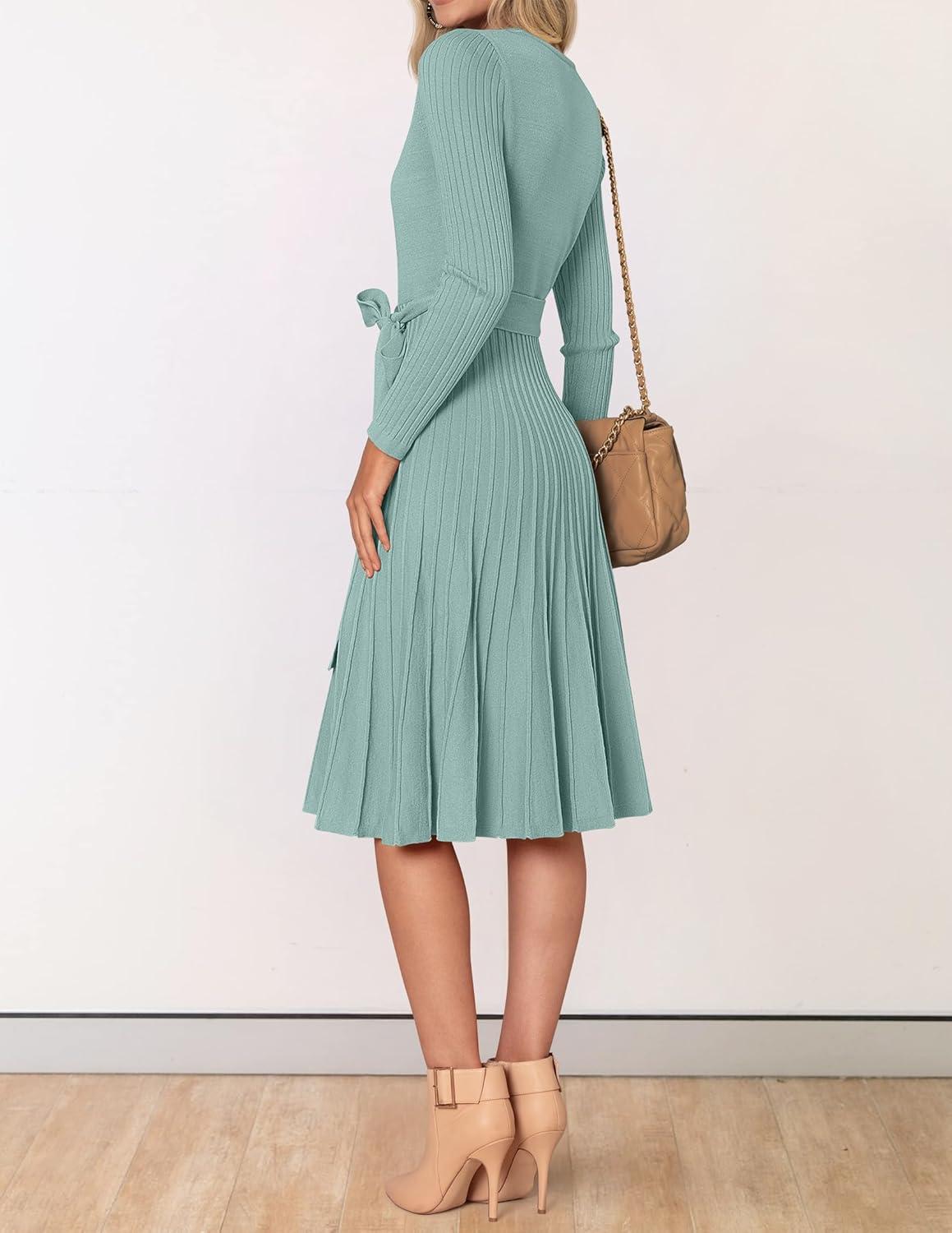 imageZESICA Womens Spring Long Sleeve Wrap V Neck Ribbed Knit Pleated A Line Pullover Sweater Dress with BeltLake