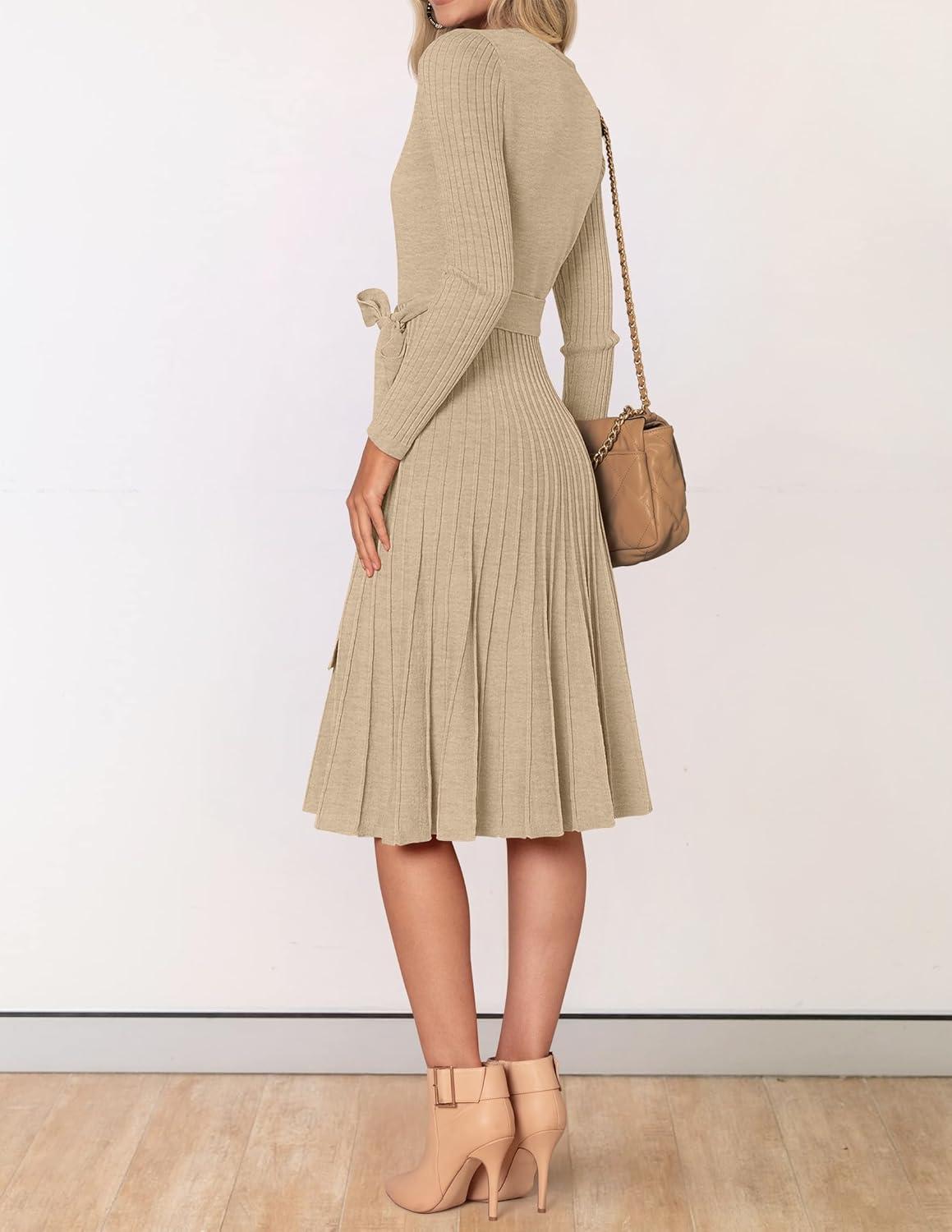 imageZESICA Womens Spring Long Sleeve Wrap V Neck Ribbed Knit Pleated A Line Pullover Sweater Dress with BeltOatmeal