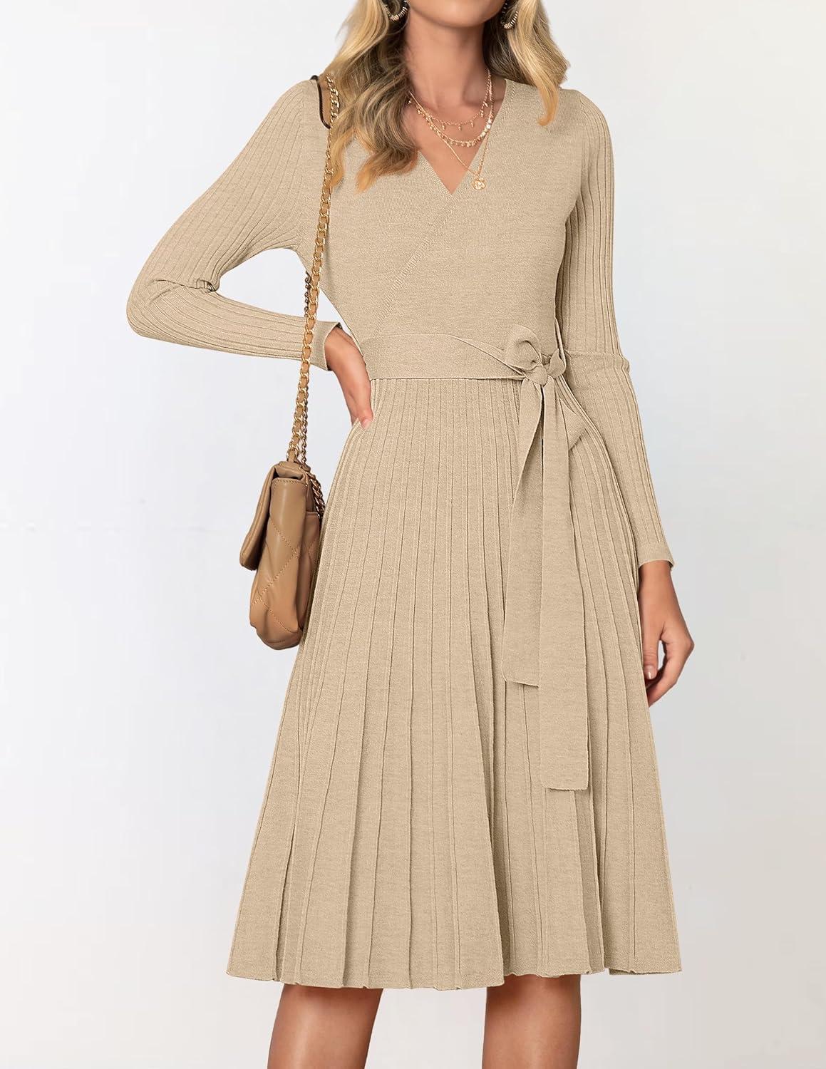 imageZESICA Womens Spring Long Sleeve Wrap V Neck Ribbed Knit Pleated A Line Pullover Sweater Dress with BeltOatmeal