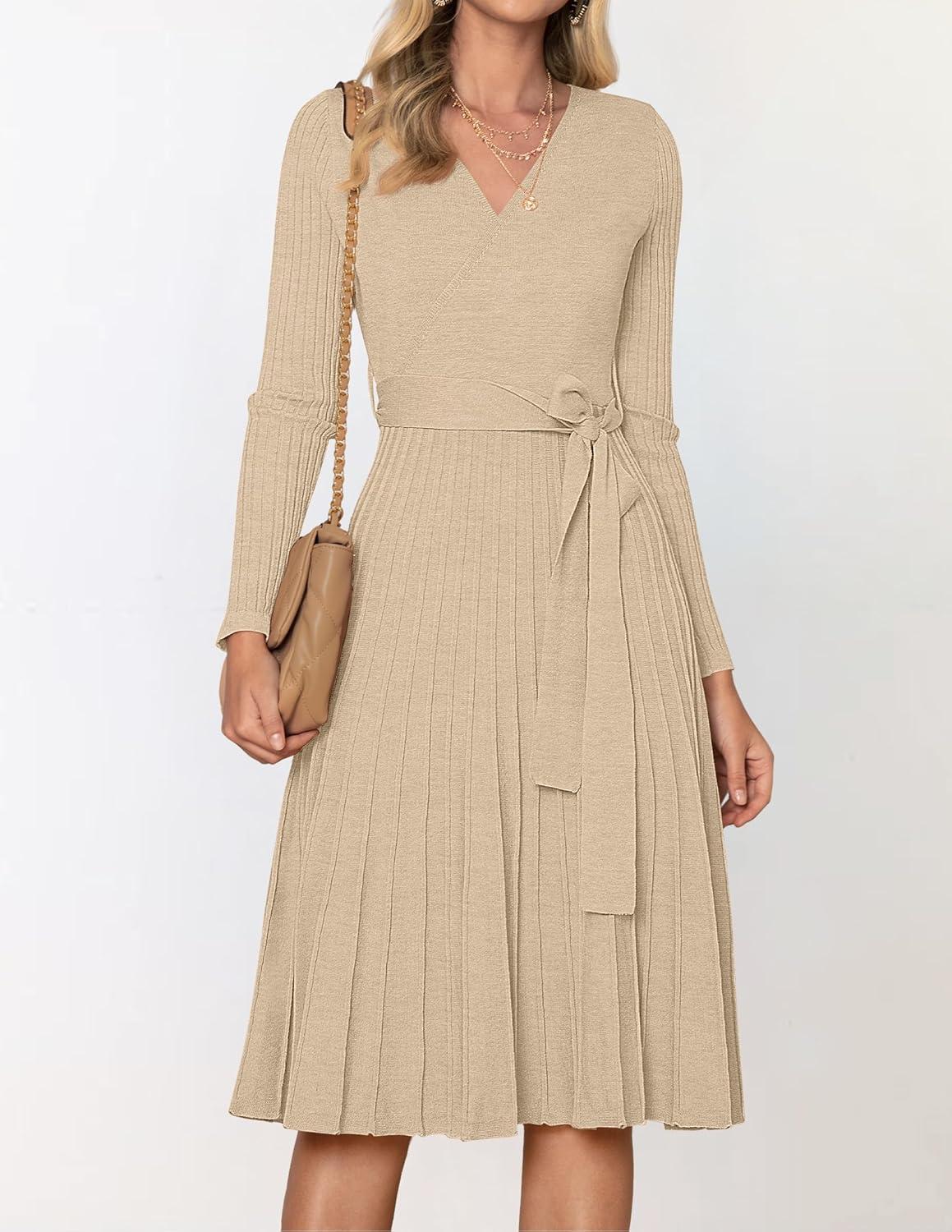 imageZESICA Womens Spring Long Sleeve Wrap V Neck Ribbed Knit Pleated A Line Pullover Sweater Dress with BeltOatmeal