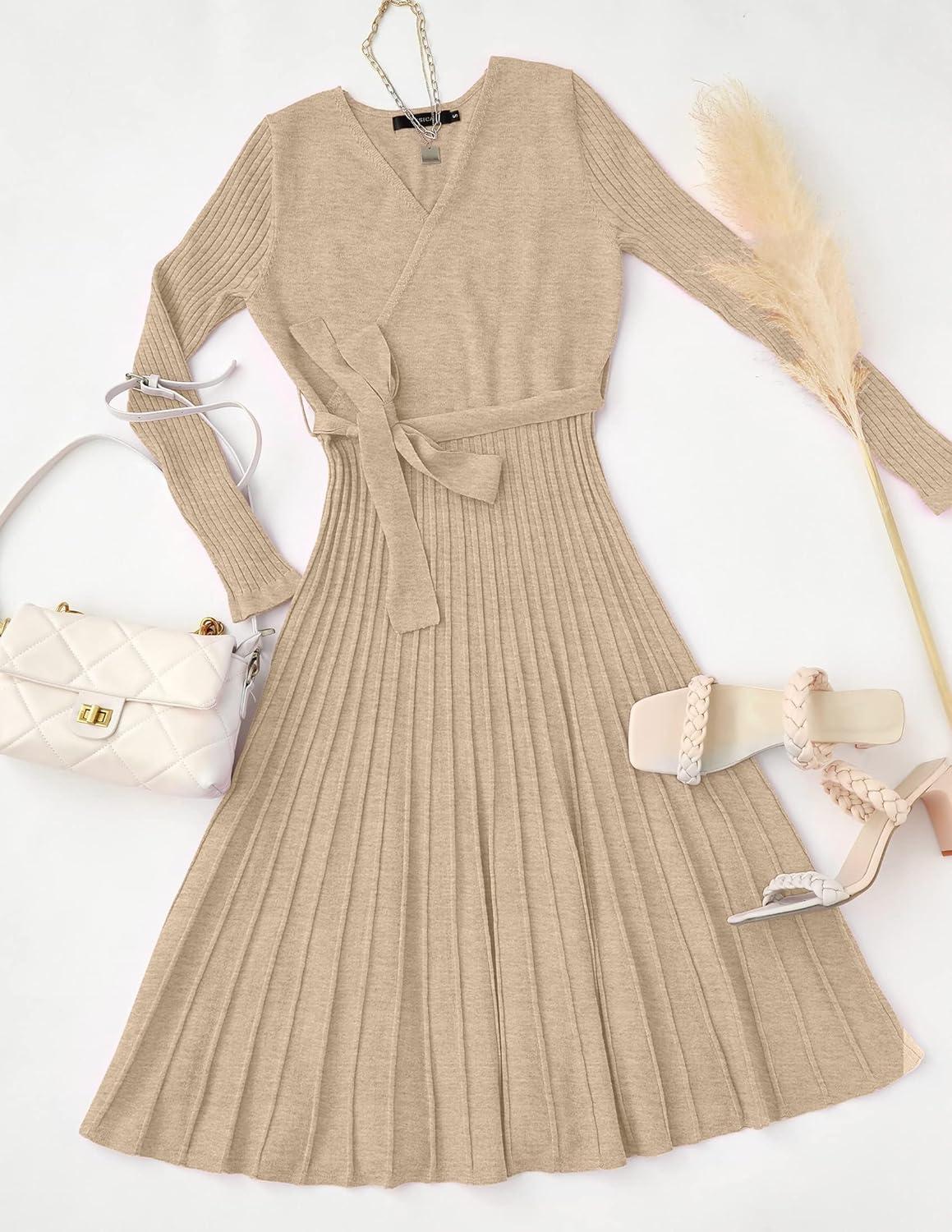 imageZESICA Womens Spring Long Sleeve Wrap V Neck Ribbed Knit Pleated A Line Pullover Sweater Dress with BeltOatmeal
