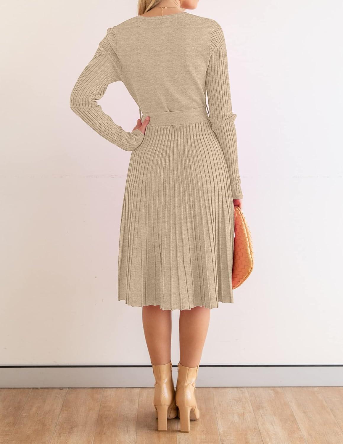 imageZESICA Womens Spring Long Sleeve Wrap V Neck Ribbed Knit Pleated A Line Pullover Sweater Dress with BeltOatmeal