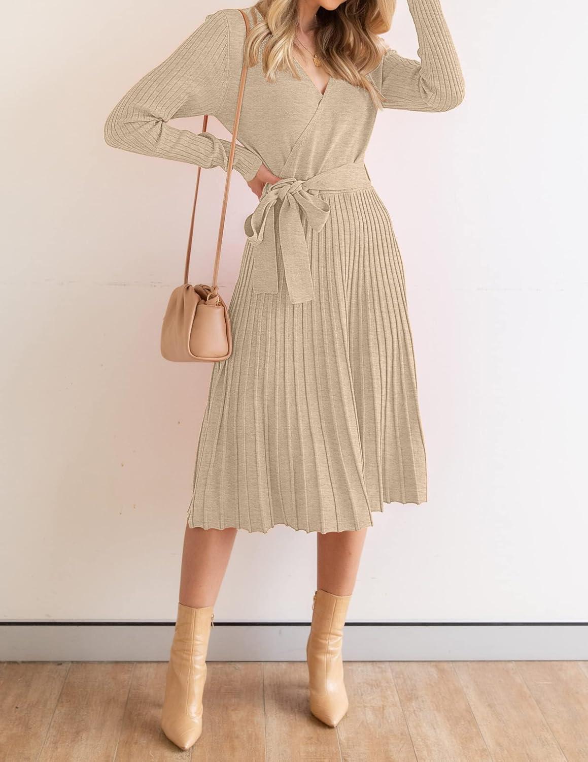 imageZESICA Womens Spring Long Sleeve Wrap V Neck Ribbed Knit Pleated A Line Pullover Sweater Dress with BeltOatmeal