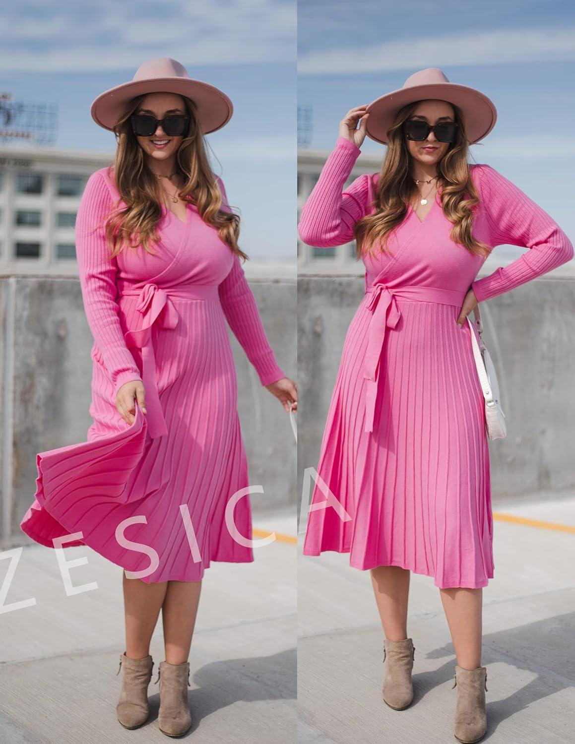 imageZESICA Womens Spring Long Sleeve Wrap V Neck Ribbed Knit Pleated A Line Pullover Sweater Dress with BeltPink