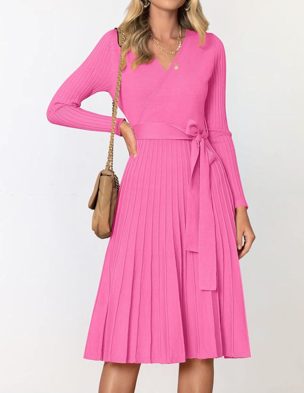 imageZESICA Womens Spring Long Sleeve Wrap V Neck Ribbed Knit Pleated A Line Pullover Sweater Dress with BeltPink
