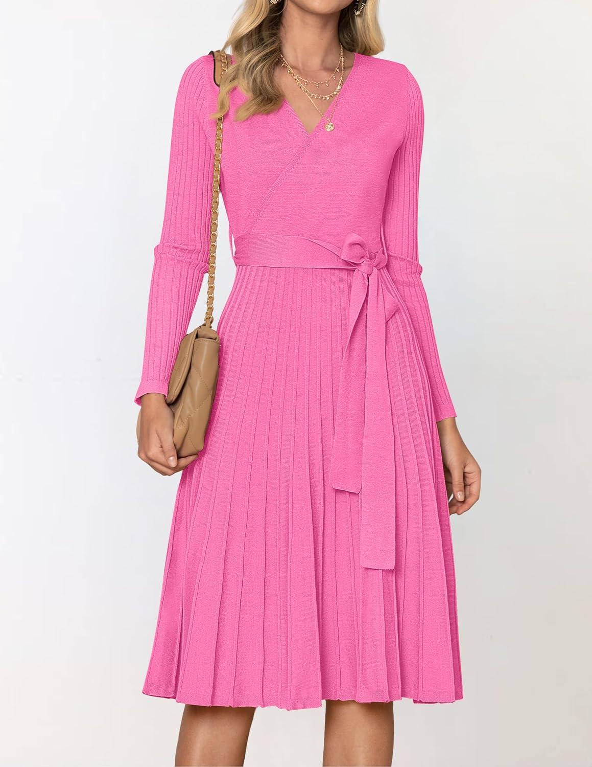 imageZESICA Womens Spring Long Sleeve Wrap V Neck Ribbed Knit Pleated A Line Pullover Sweater Dress with BeltPink