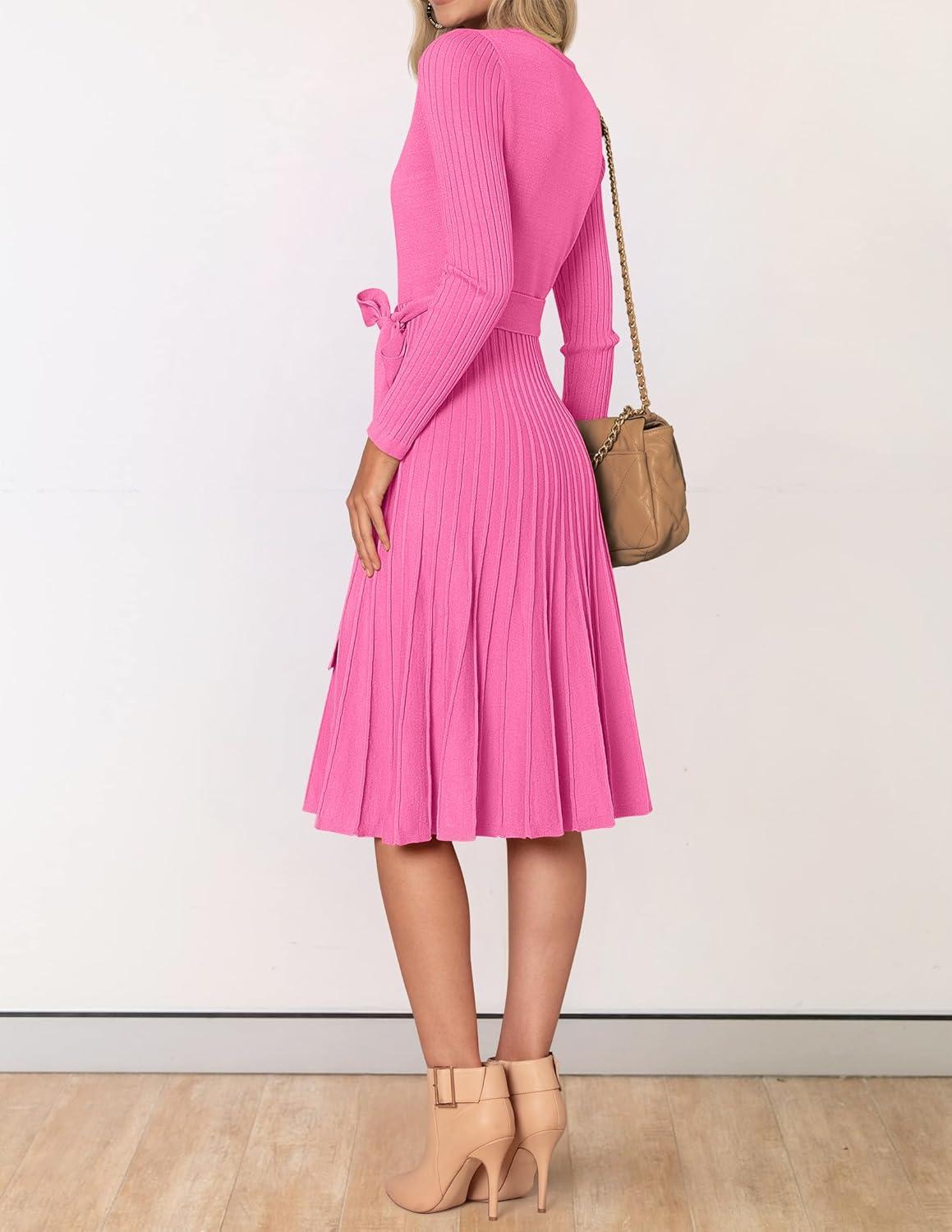 imageZESICA Womens Spring Long Sleeve Wrap V Neck Ribbed Knit Pleated A Line Pullover Sweater Dress with BeltPink