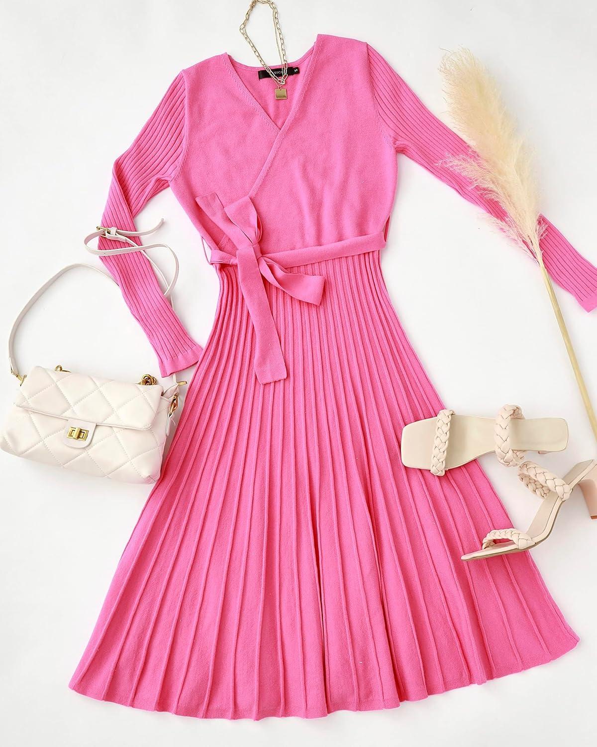 imageZESICA Womens Spring Long Sleeve Wrap V Neck Ribbed Knit Pleated A Line Pullover Sweater Dress with BeltPink